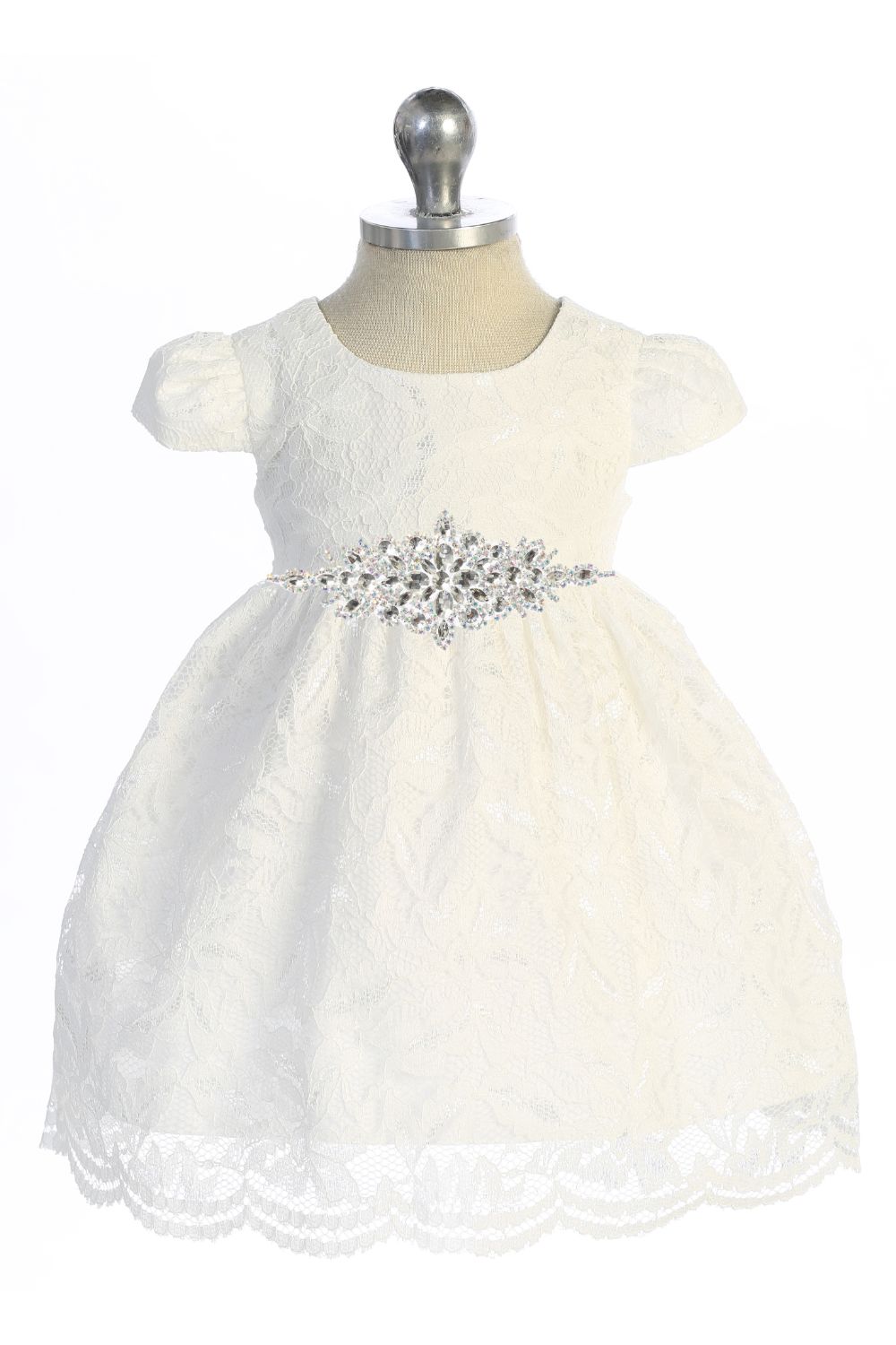 532-D- Lace V Back Bow Baby Dress w/ Diamond Shape Rhinestone Trim
