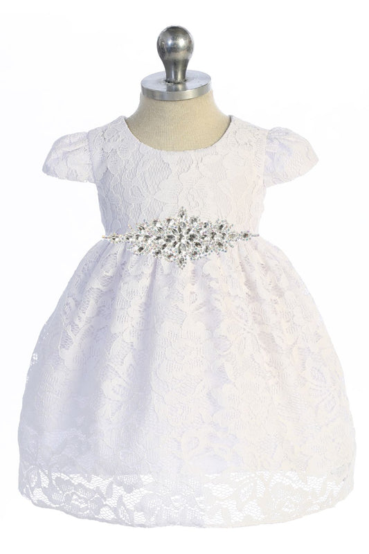 532-D- Lace V Back Bow Baby Dress w/ Diamond Shape Rhinestone Trim