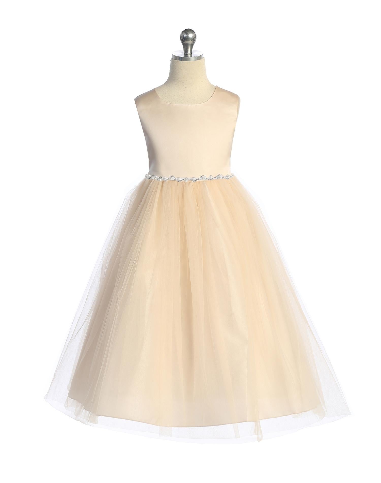 girls dress 538-G Satin Top Girls Dress with Wavy Rhinestone & Pearl Trim and Plus – Kid's Dream Wholesale