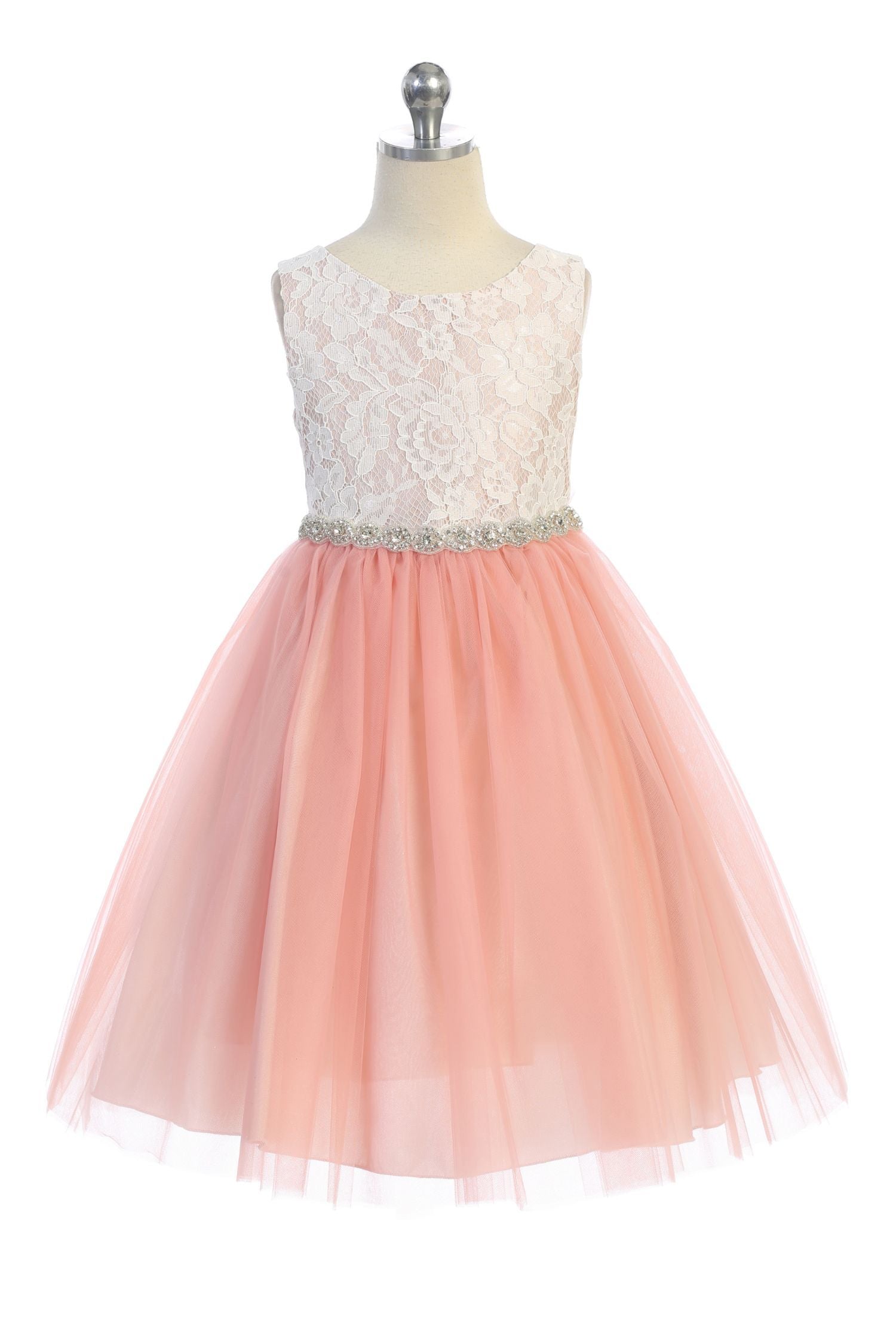 456-A Lace Illusion Girls Dress with Rhinestone Trim  Kid's Dream Wholesale