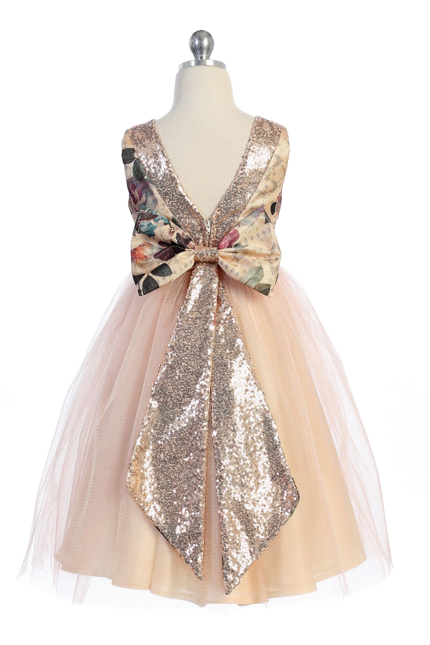 520 Vintage Floral Rose Gold Sequin Back V Dress – Kid's Dream Wholesale